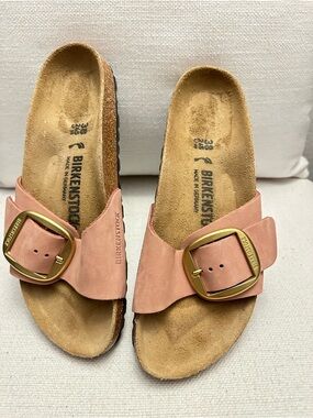 Birkenstock Single Strap Sandals with Large Gold Buckle - Dusty Pink